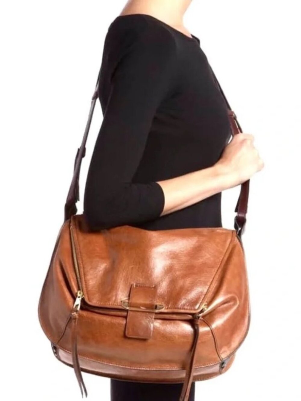 Kooba Leroy Cognac Leather Shoulder Bag Oversized Messenger Crossbody